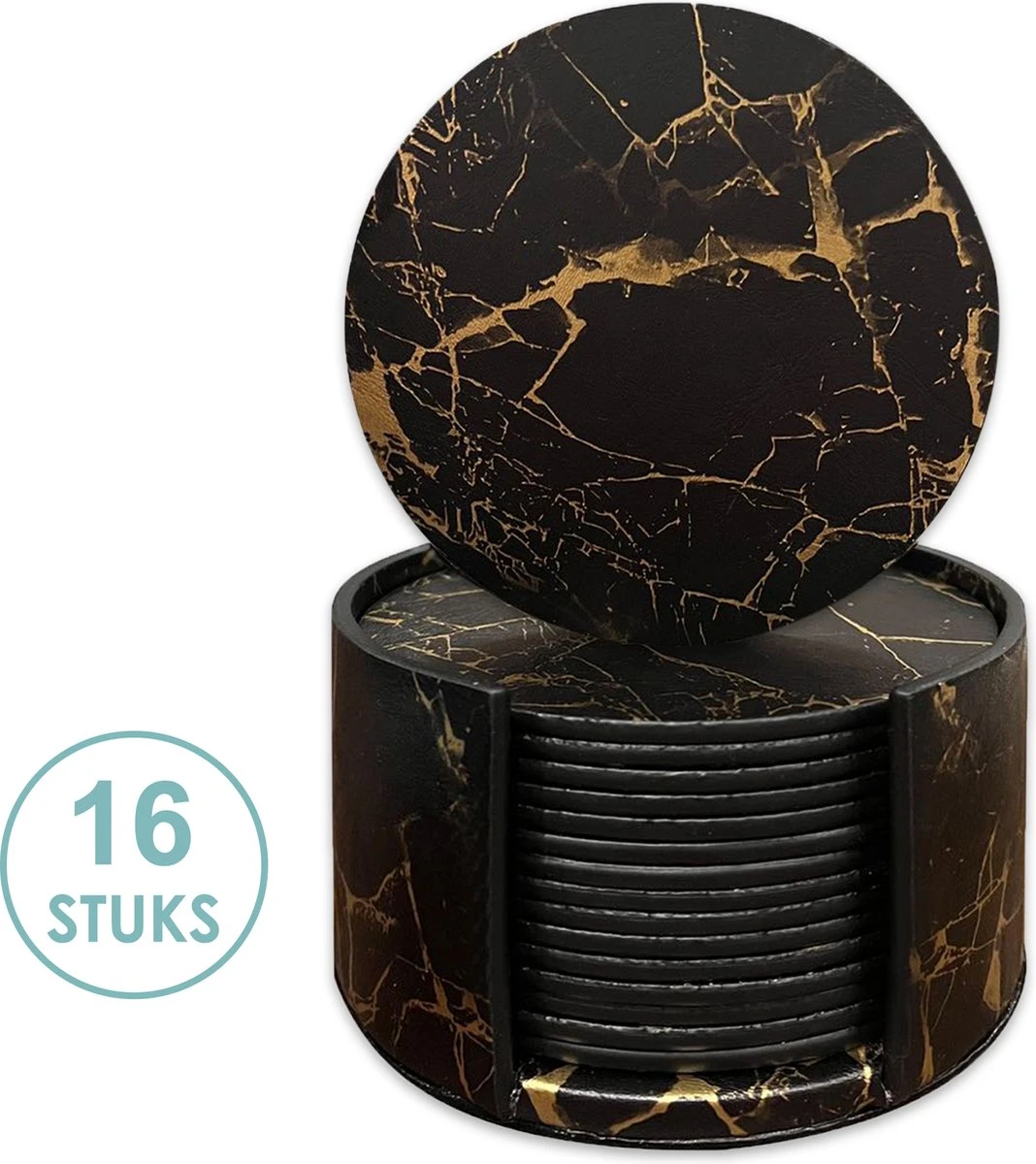 Luxe Leren Marmeren Onderzetters Met Houder - 16 Stuks - Onderleggers Voor Glazen - Glasonderzetters Voor Op Tafel - Coasters - Zwart / Goud - Rond 3 Luxe Leren Marmeren Onderzetters Met Houder - 16 Stuks - Onderleggers Voor Glazen - Glasonderzetters Voor Op Tafel - Coasters - Zwart / Goud - Rond