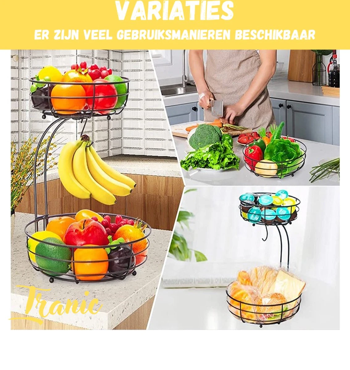 Tranic Fruitschaal - Fruitmand - Zwart Metaal - Etagere - Keuken Organizer 6 Tranic Fruitschaal - Fruitmand - Zwart Metaal - Etagere - Keuken Organizer - Afbeelding 4