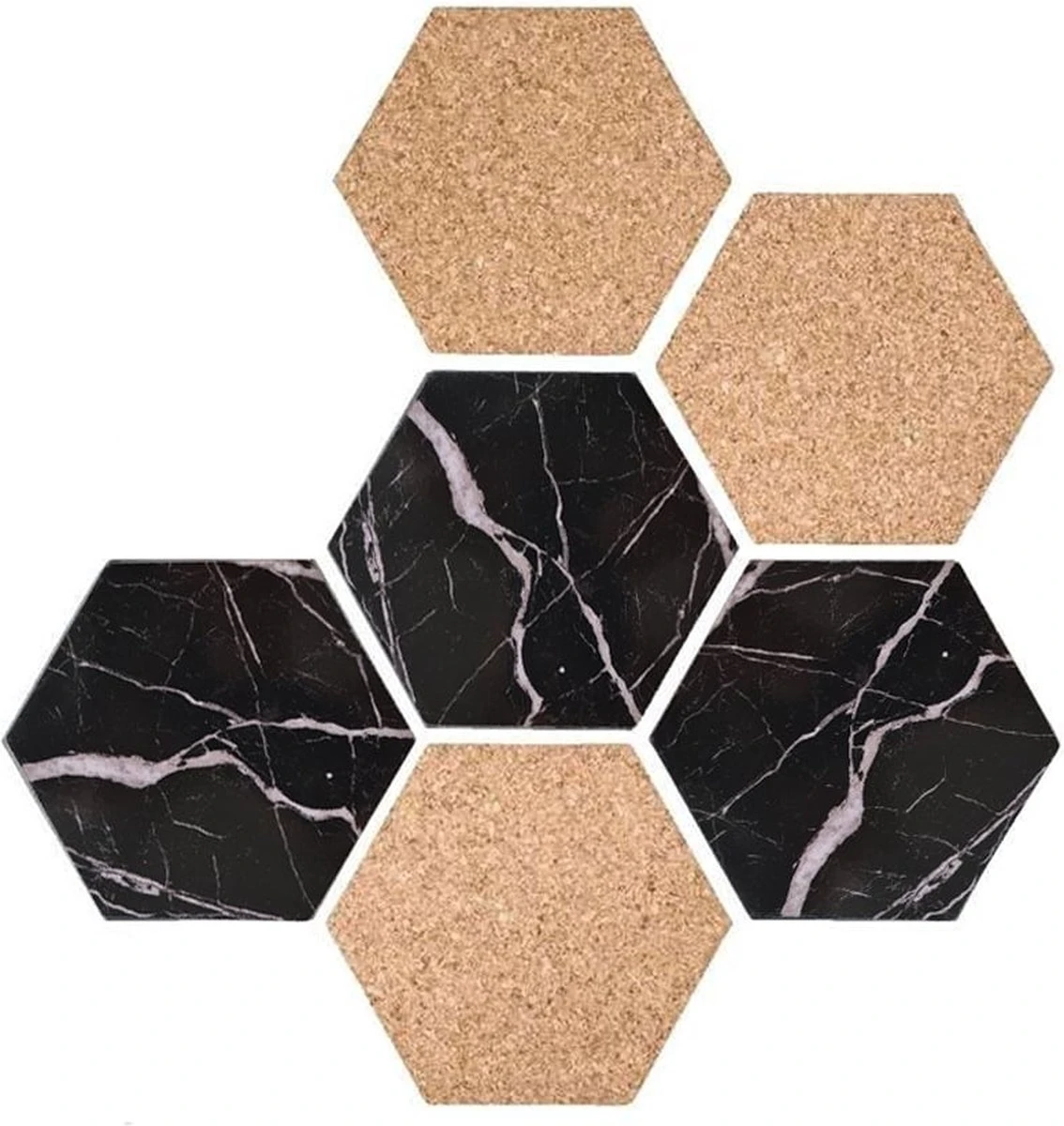Onderzetters Hardboard Kurk Zwart Marmer | Luxe Hexagon Onderzetters Marmer | Marmeren Onderleggers Voor Glazen - Cadeau - Cadeaustrik 7 Onderzetters Hardboard Kurk Zwart Marmer | Luxe Hexagon Onderzetters Marmer | Marmeren Onderleggers Voor Glazen - Cadeau - Cadeaustrik - Afbeelding 5