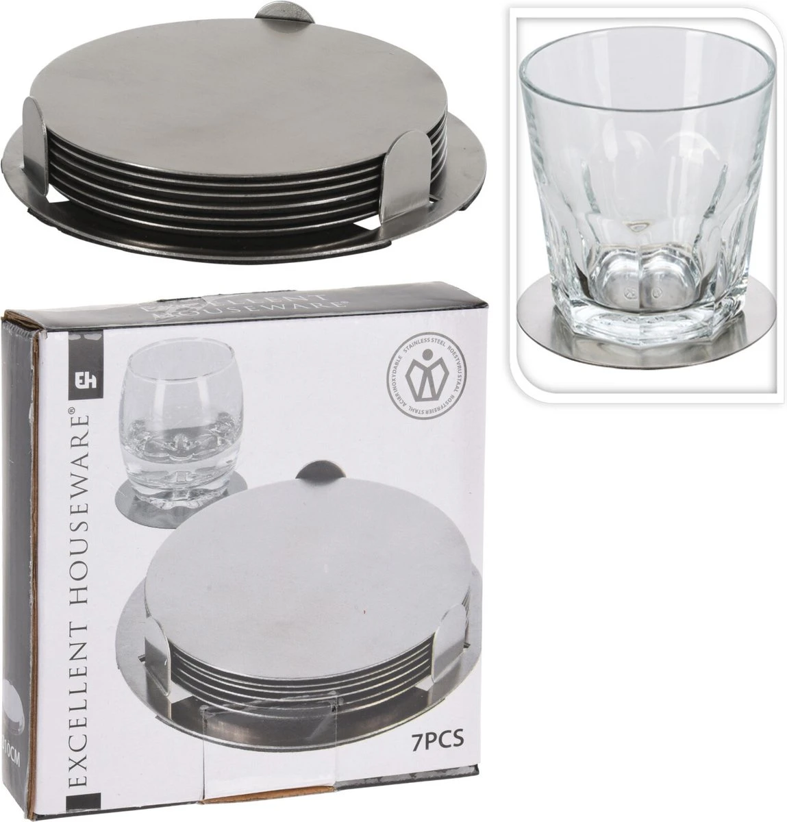 Excellent Houseware 12x Onderzetters Zilver RVS Met Houder 8,5 Cm Voor Glazen 5 Excellent Houseware 12x Onderzetters Zilver RVS Met Houder 8,5 Cm Voor Glazen - Afbeelding 3