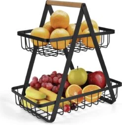 Fruitschaal Etagere 2 Lagen Voor Keuken - Large - 30x18x32 - Fruitmand Zwart Metaal - Keuken Organizer - Industrieel