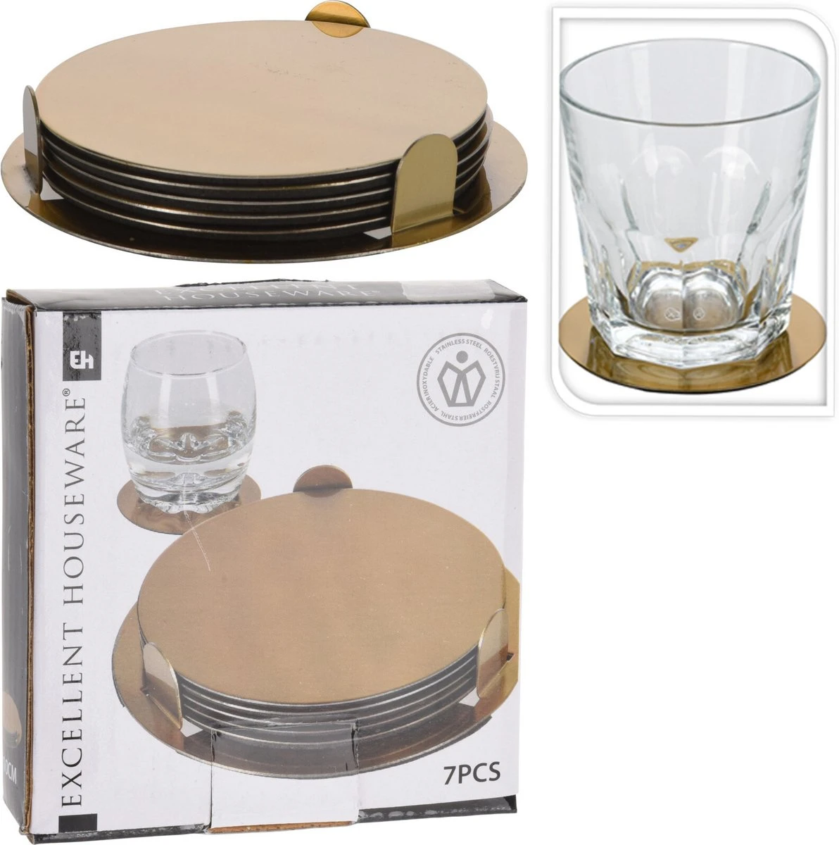 Excellent Houseware 18x Onderzetters Goud RVS Rond Met Houder 8,5 Cm Voor Glazen/bekers/kopjes 4 Excellent Houseware 18x Onderzetters Goud RVS Rond Met Houder 8,5 Cm Voor Glazen/bekers/kopjes - Afbeelding 2