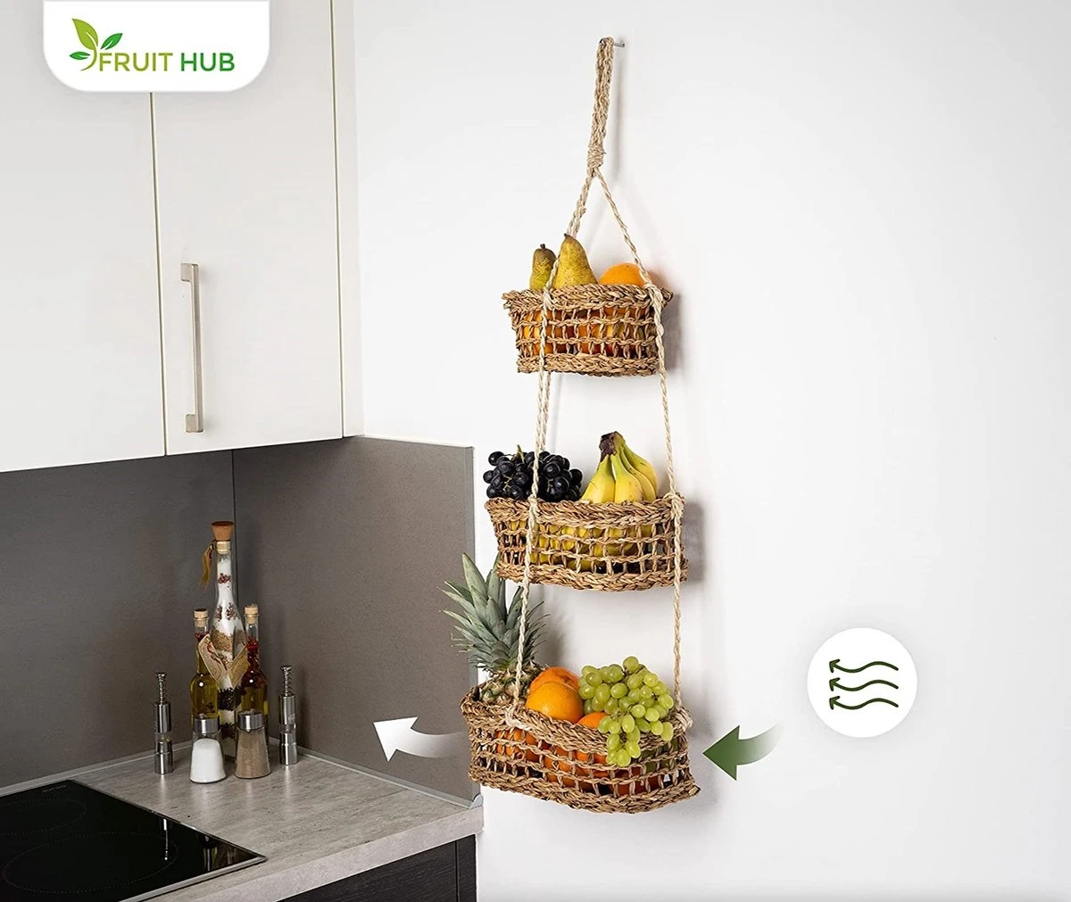 FRUIT HUB - Hangende Fruitmand - Wandplank - 100% Natuurlijk. Fruitmand Muur, Fruitopslag, Hangende Hangende Mand Keuken 4 FRUIT HUB - Hangende Fruitmand - Wandplank - 100% Natuurlijk. Fruitmand Muur, Fruitopslag, Hangende Hangende Mand Keuken - Afbeelding 2