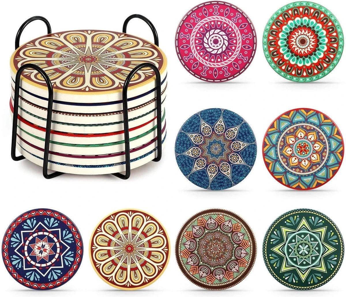 IBright Onderzetters Voor Glazen - Set Van 8 Met Houder - Rond - Bohemian - Oosterse - Mandala Design - Coasters 4 IBright Onderzetters Voor Glazen - Set Van 8 Met Houder - Rond - Bohemian - Oosterse - Mandala Design - Coasters - Afbeelding 2