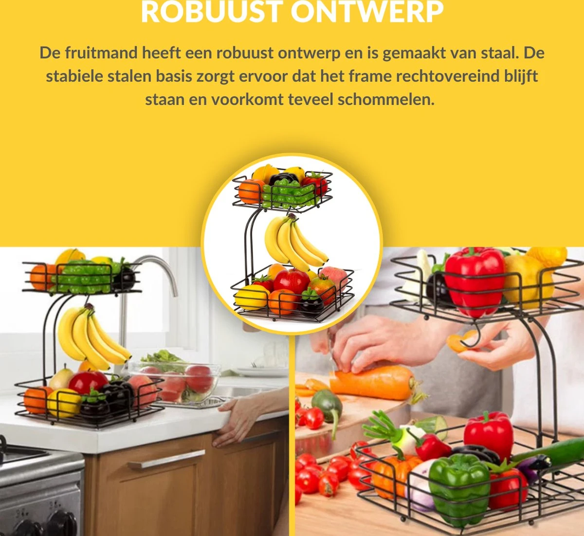 SensaHome - Fruitmand Met Bananenhouder - Vierkant 2-Laags Zwart - Fruitschaal - Etagere - Metaal - Industrial - Modern 8 SensaHome - Fruitmand Met Bananenhouder - Vierkant 2-Laags Zwart - Fruitschaal - Etagere - Metaal - Industrial - Modern - Afbeelding 6