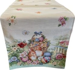 Merkloos Tafelkleed -Tafelloper - Gobelin - Pasen - Groen - Met Konijntjes - 45 X 140 Cm