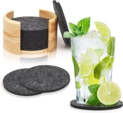 Vilten Onderzetters Voor Glazen - Bamboe Houder – Set Van 10 Vilten Onderzetters – Onderleggers - Premium Kwaliteit – Absorberend – Hittebestendig - Rond – Zwart/Grijs – Duurzaam/Milieuvriendelijk