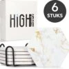 HighSupply Design Onderzetters Van Marmer En Keramiek Voor Glazen – Wit – 6 Onderleggers – Glasonderzetters Met Houder – Kurk -Bormioli Rocco winkel 1200x1124