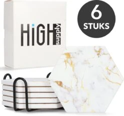 HighSupply Design Onderzetters Van Marmer En Keramiek Voor Glazen – Wit – 6 Onderleggers – Glasonderzetters Met Houder – Kurk
