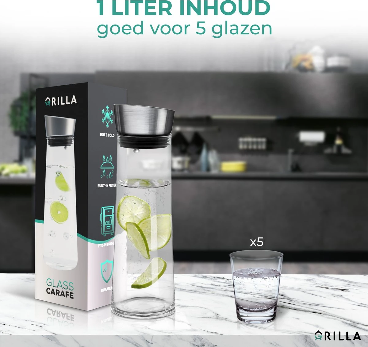 Grilla Karaf - 1000 Ml - Waterkan Met Deksel En Filter - Schenkkan - Waterkaraf 6 Grilla Karaf - 1000 Ml - Waterkan Met Deksel En Filter - Schenkkan - Waterkaraf - Afbeelding 4