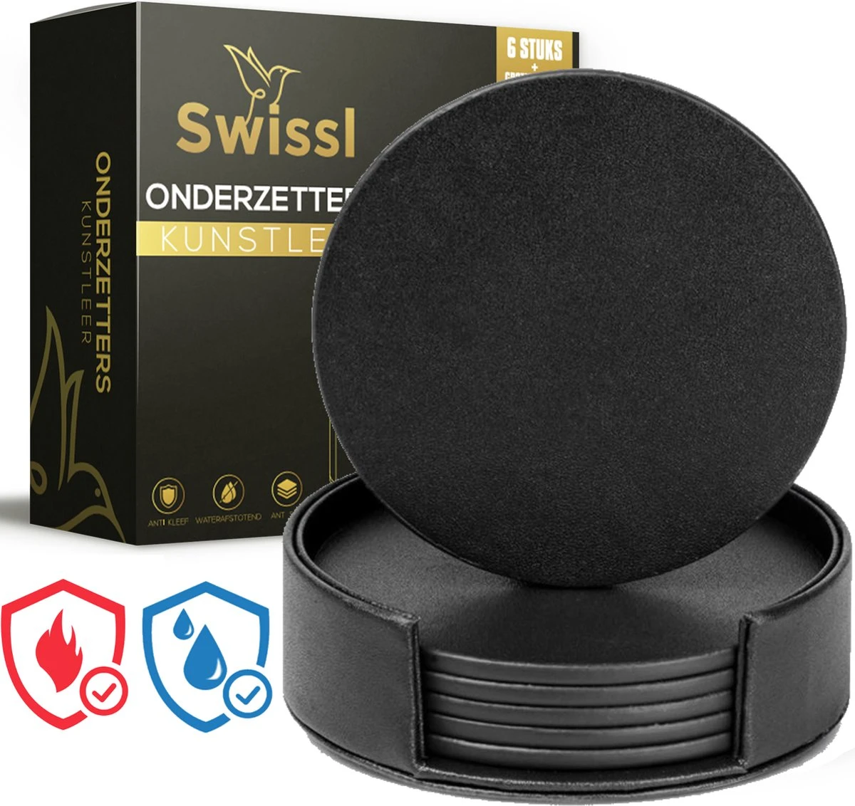 Swissl Leren Onderzetters Voor Glazen - 6 Onderleggers Met Houder - Zwarte Ronde Glasonderzetters Voor Op Tafel - Coasters - Vlak 3 Swissl Leren Onderzetters Voor Glazen - 6 Onderleggers Met Houder - Zwarte Ronde Glasonderzetters Voor Op Tafel - Coasters - Vlak