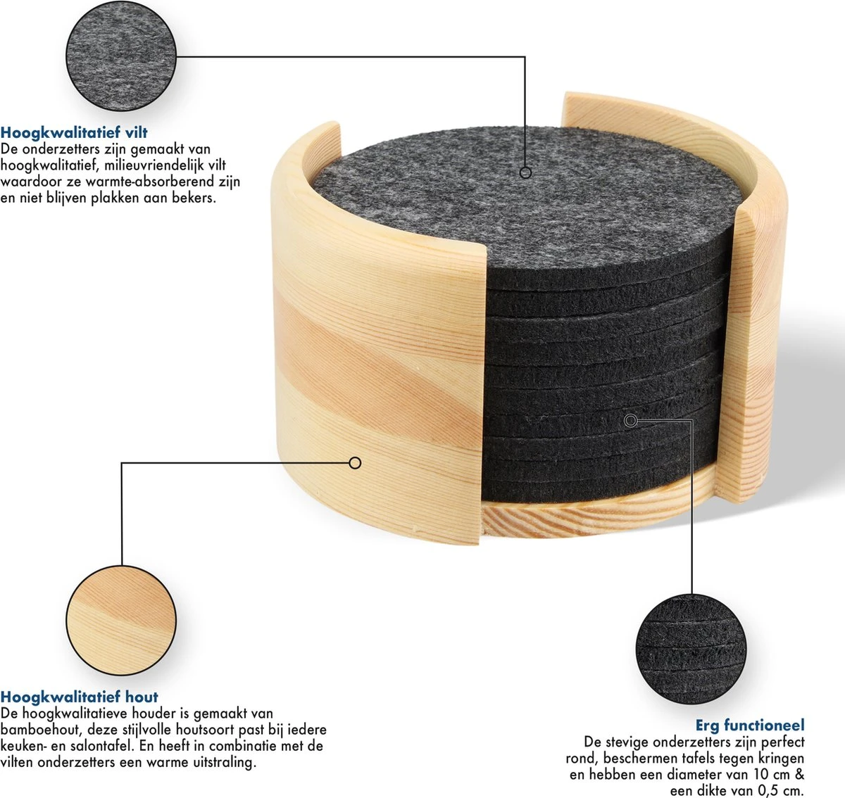 Vilten Onderzetters Voor Glazen - Bamboe Houder – Set Van 10 Vilten Onderzetters – Onderleggers - Premium Kwaliteit – Absorberend – Hittebestendig - Rond – Zwart/Grijs – Duurzaam/Milieuvriendelijk 4 Vilten Onderzetters Voor Glazen - Bamboe Houder – Set Van 10 Vilten Onderzetters – Onderleggers - Premium Kwaliteit – Absorberend – Hittebestendig - Rond – Zwart/Grijs – Duurzaam/Milieuvriendelijk - Afbeelding 2