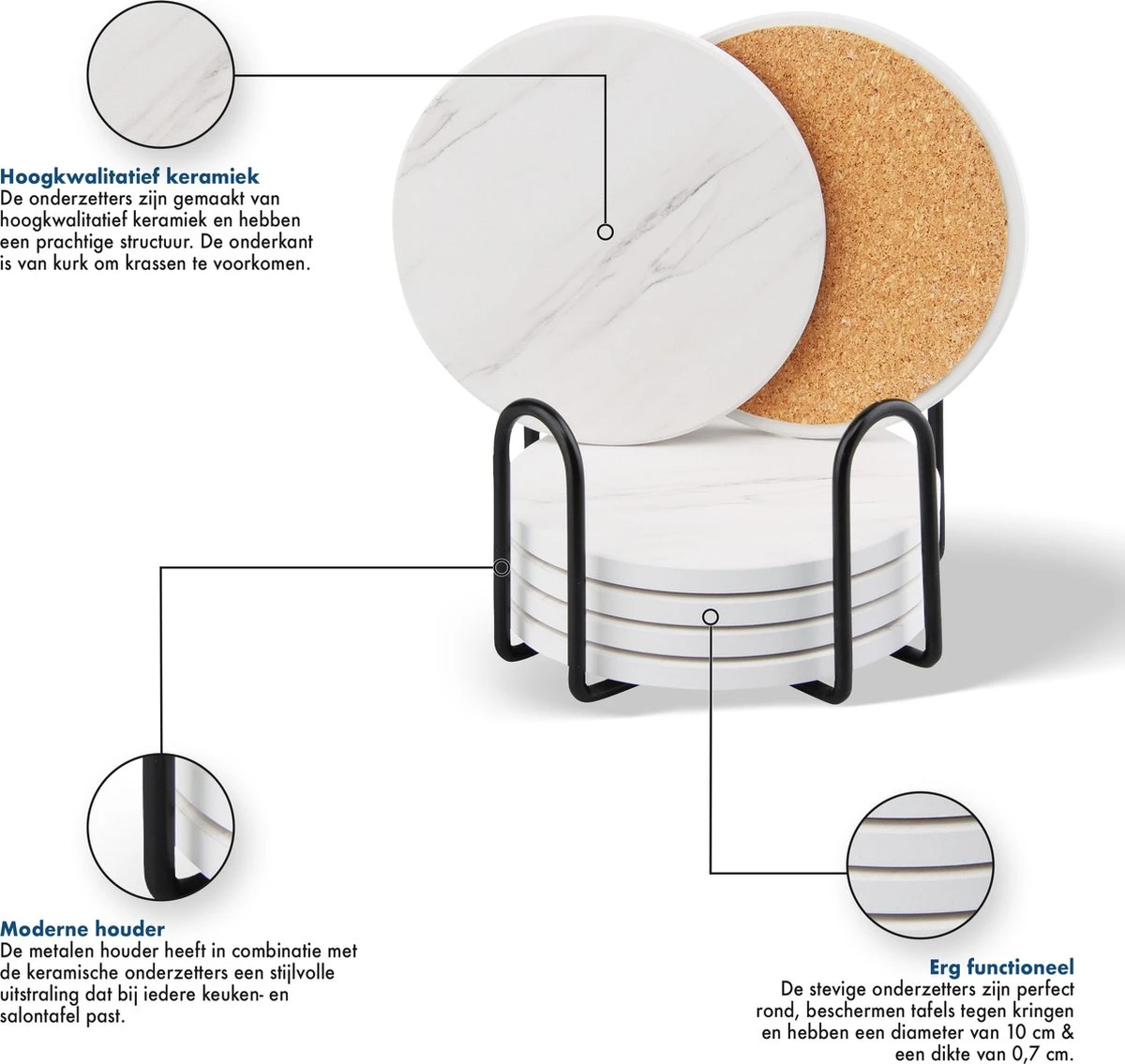 Sincer Keramische Onderzetters Voor Glazen Met Houder – Set Van 6 Witte Keramische/Marmeren Onderleggers –Luxe/Modern Design - Premium Kwaliteit – Kurken Antislip Onderkant – Hittebestendig – Zeer Absorberend – Rond – Duurzaam/Milieuvriendelijk 7 Sincer Keramische Onderzetters Voor Glazen Met Houder – Set Van 6 Witte Keramische/Marmeren Onderleggers –Luxe/Modern Design - Premium Kwaliteit – Kurken Antislip Onderkant – Hittebestendig – Zeer Absorberend – Rond – Duurzaam/Milieuvriendelijk - Afbeelding 5