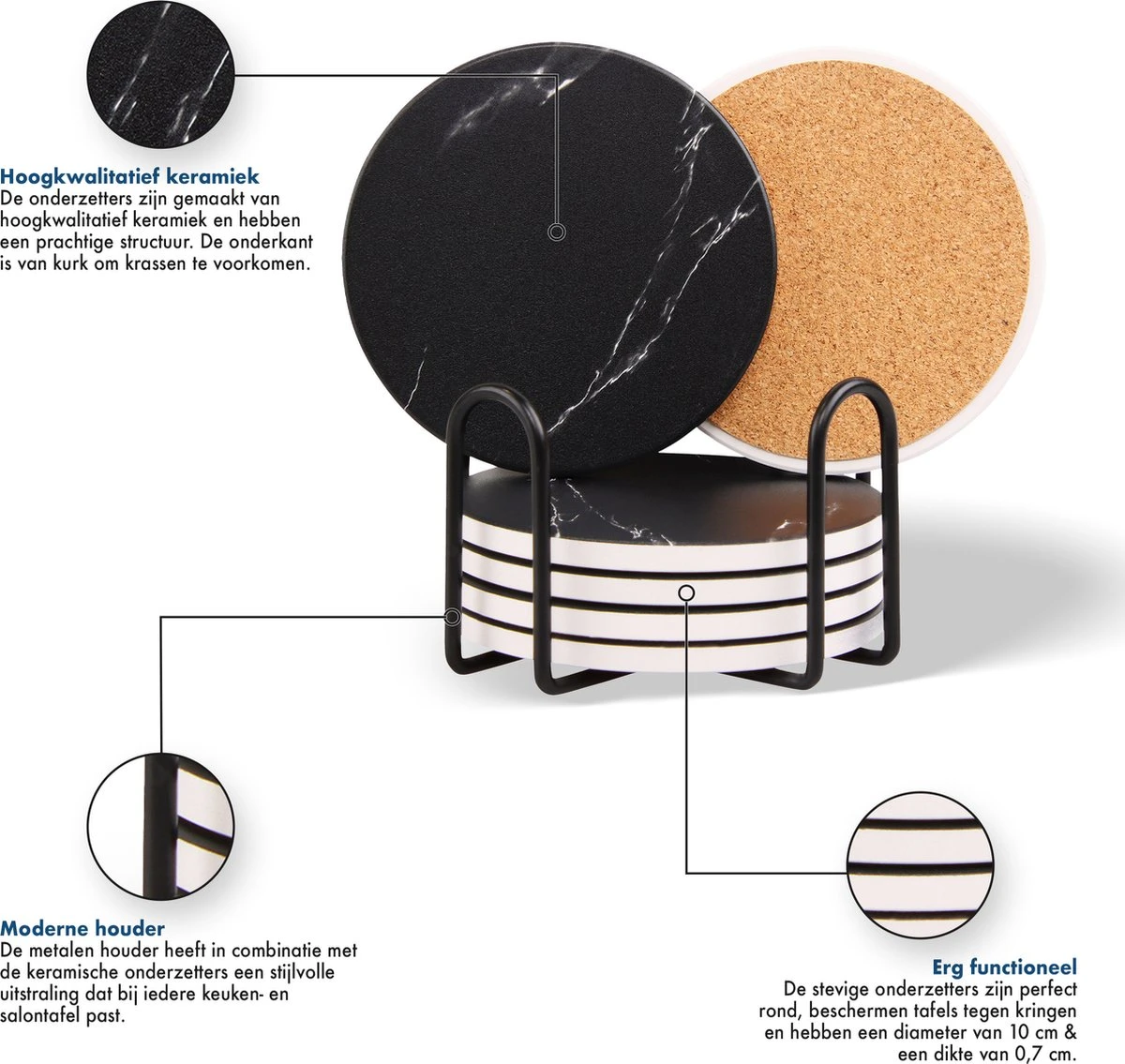 Sincer Keramische Onderzetters Voor Glazen Met Houder – Set Van 6 Zwarte Keramische/Marmeren Onderleggers –Luxe/Modern Design - Premium Kwaliteit – Kurken Antislip Onderkant – Hittebestendig – Zeer Absorberend – Rond – Duurzaam/Milieuvriendelijk 5 Sincer Keramische Onderzetters Voor Glazen Met Houder – Set Van 6 Zwarte Keramische/Marmeren Onderleggers –Luxe/Modern Design - Premium Kwaliteit – Kurken Antislip Onderkant – Hittebestendig – Zeer Absorberend – Rond – Duurzaam/Milieuvriendelijk - Afbeelding 3