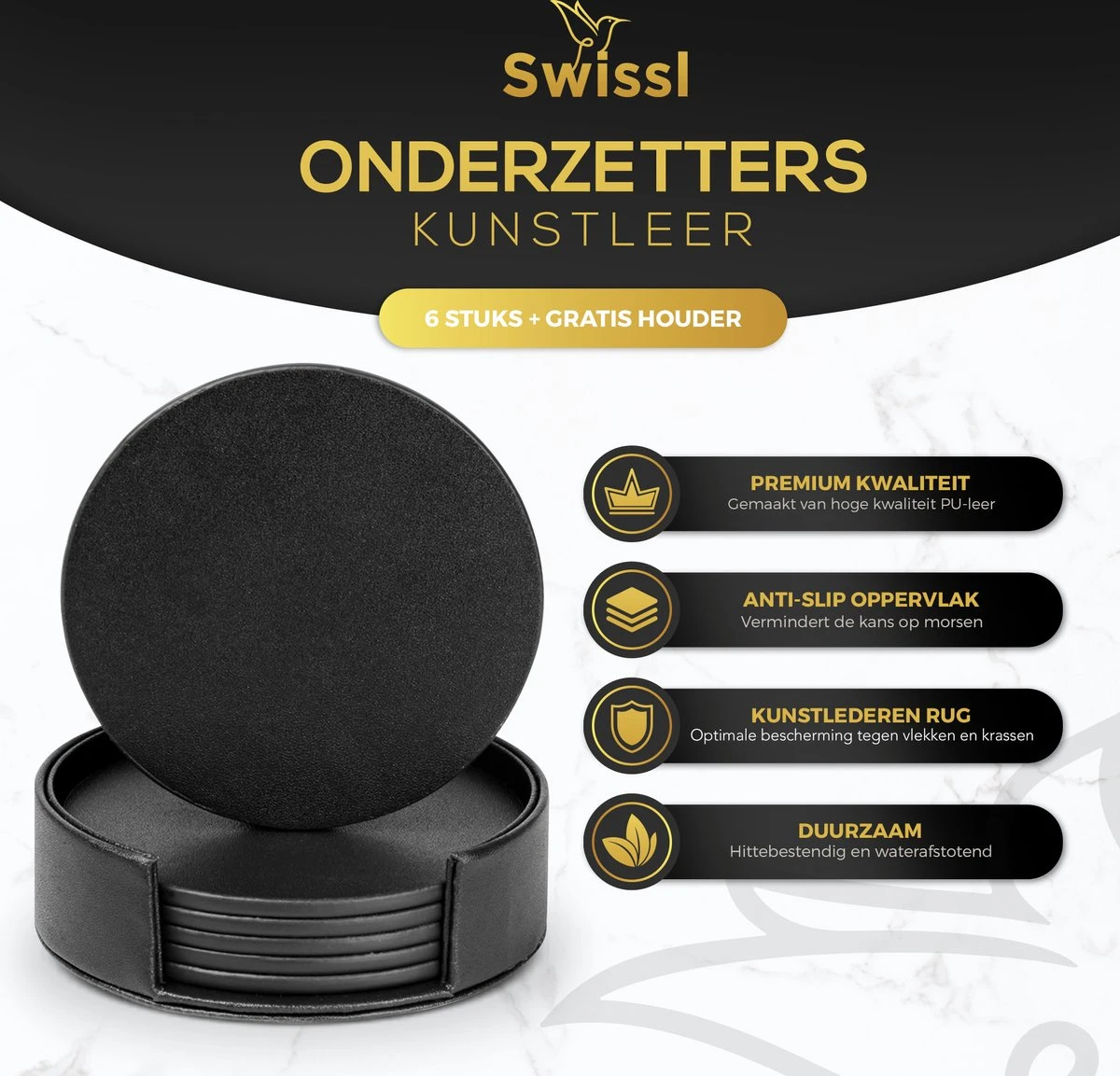 Swissl Leren Onderzetters Voor Glazen - 6 Onderleggers Met Houder - Zwarte Ronde Glasonderzetters Voor Op Tafel - Coasters - Vlak 4 Swissl Leren Onderzetters Voor Glazen - 6 Onderleggers Met Houder - Zwarte Ronde Glasonderzetters Voor Op Tafel - Coasters - Vlak - Afbeelding 2