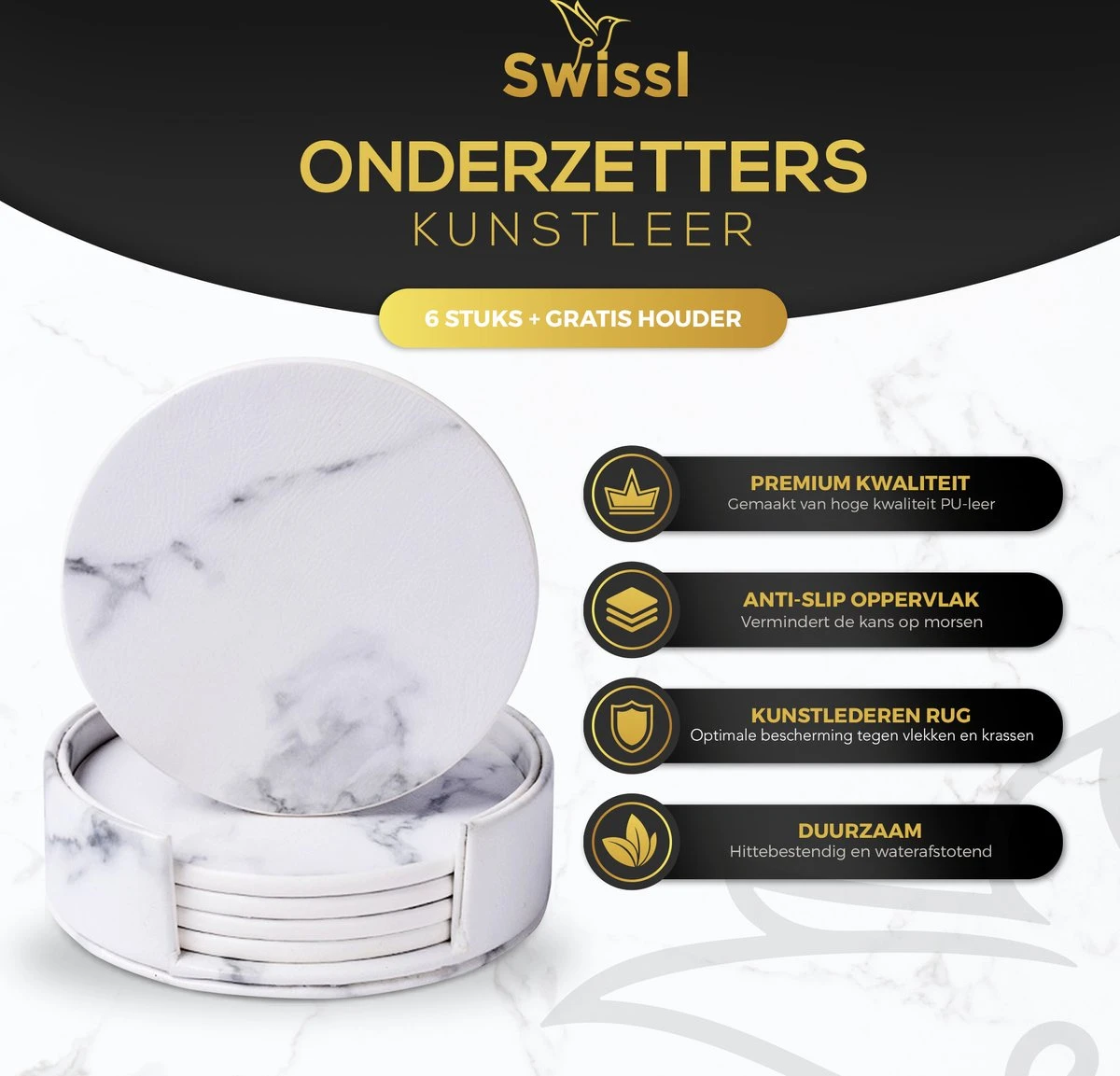 Onderzetters Voor Glazen Met Houder Swissl - Wit - Kunstleer - Marmeren Uitstraling 6 Stuks - Onderleggers 4 Onderzetters Voor Glazen Met Houder Swissl - Wit - Kunstleer - Marmeren Uitstraling 6 Stuks - Onderleggers - Afbeelding 2