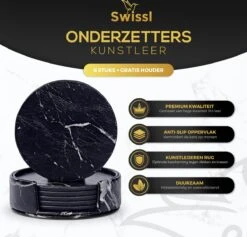 Swissl Leren Onderzetters - Marmer Onderzetters Voor Glazen - Kunstleren Onderleggers Met Houder - Glasonderzetters - Coasters – Zwart - Rond -Bormioli Rocco winkel 1200x1153 7