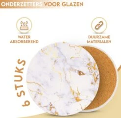 Castagnola Keramische Onderzetters Met Houder – Onderzetters Voor Glazen – Onderzetters Design – Onderzettersset – Drink Onderzetters – Keramisch – Kurk – Set Van 6 – Wit/Goud -Bormioli Rocco winkel 1200x1160 2