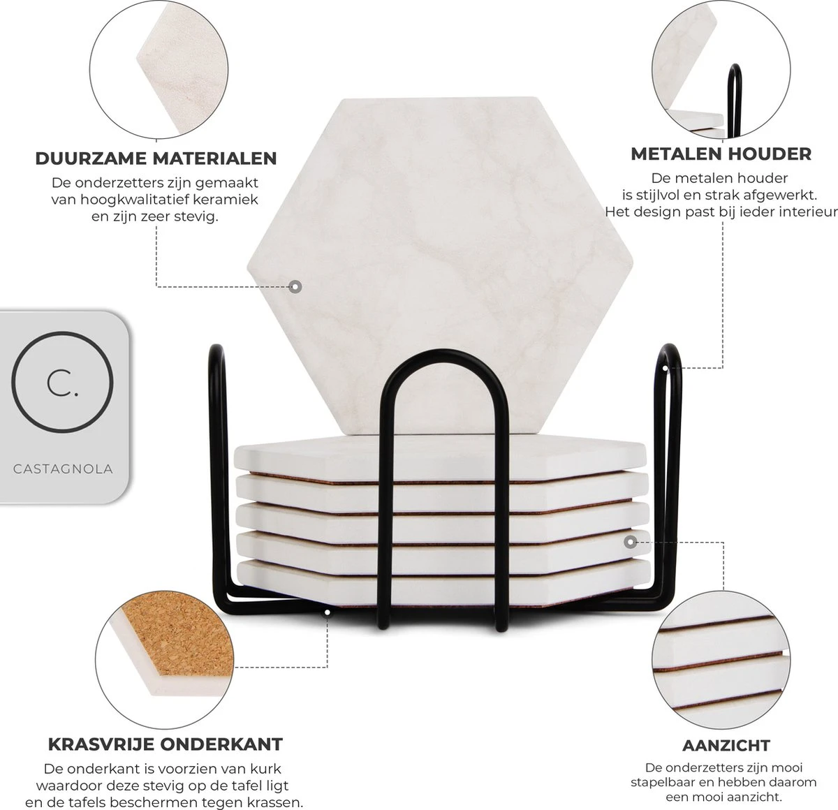 Castagnola Keramische Onderzetters Met Houder – Onderzetters Voor Glazen – Onderzetters Design – Onderzettersset – Drink Onderzetters – Keramisch – Kurk – Set Van 6 – Offwhite 8 Castagnola Keramische Onderzetters Met Houder – Onderzetters Voor Glazen – Onderzetters Design – Onderzettersset – Drink Onderzetters – Keramisch – Kurk – Set Van 6 – Offwhite - Afbeelding 6