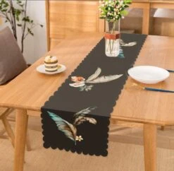 De Groen Home Bedrukt Velvet Textiel Tafelloper -Blauw&Bruin Veren - Runner 45x220