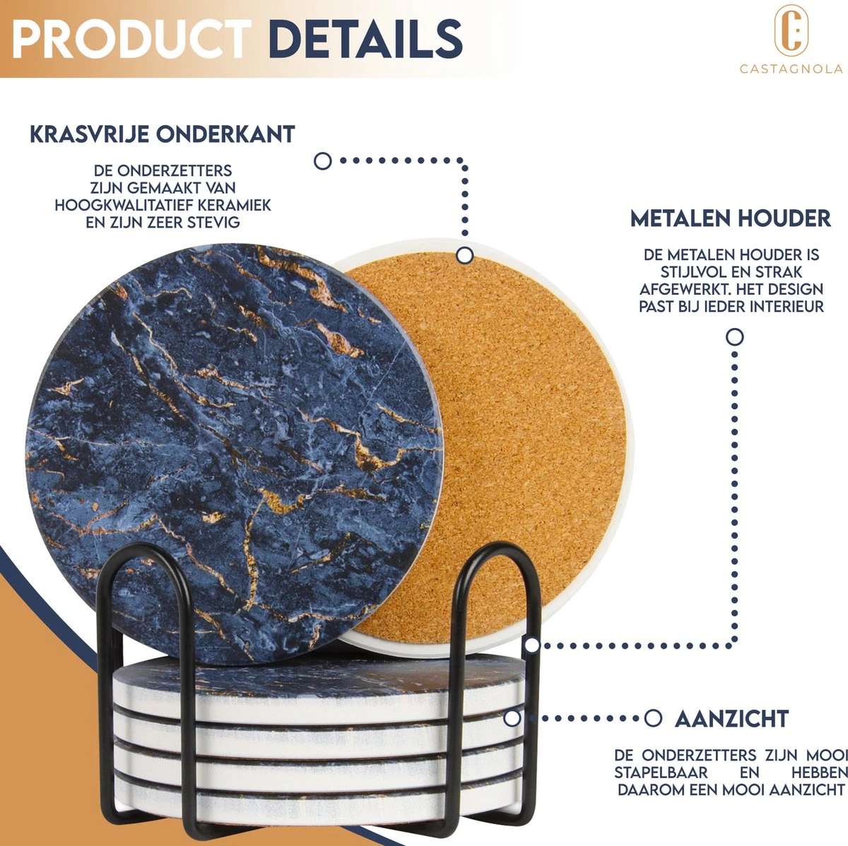 Castagnola Keramische Onderzetters Met Houder – Onderzetters Voor Glazen – Onderzetters Design – Onderzettersset – Drink Onderzetters – Keramisch – Kurk – Set Van 6 – Blauw/Goud 11 Castagnola Keramische Onderzetters Met Houder – Onderzetters Voor Glazen – Onderzetters Design – Onderzettersset – Drink Onderzetters – Keramisch – Kurk – Set Van 6 – Blauw/Goud - Afbeelding 9