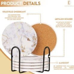 Castagnola Keramische Onderzetters Met Houder – Onderzetters Voor Glazen – Onderzetters Design – Onderzettersset – Drink Onderzetters – Keramisch – Kurk – Set Van 6 – Wit/Goud -Bormioli Rocco winkel 1200x1197 5