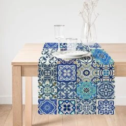 De Groen Home Bedrukt Velvet Textiel Tafelloper - Blauwe Mandala - Fluweel - Runner 45x135