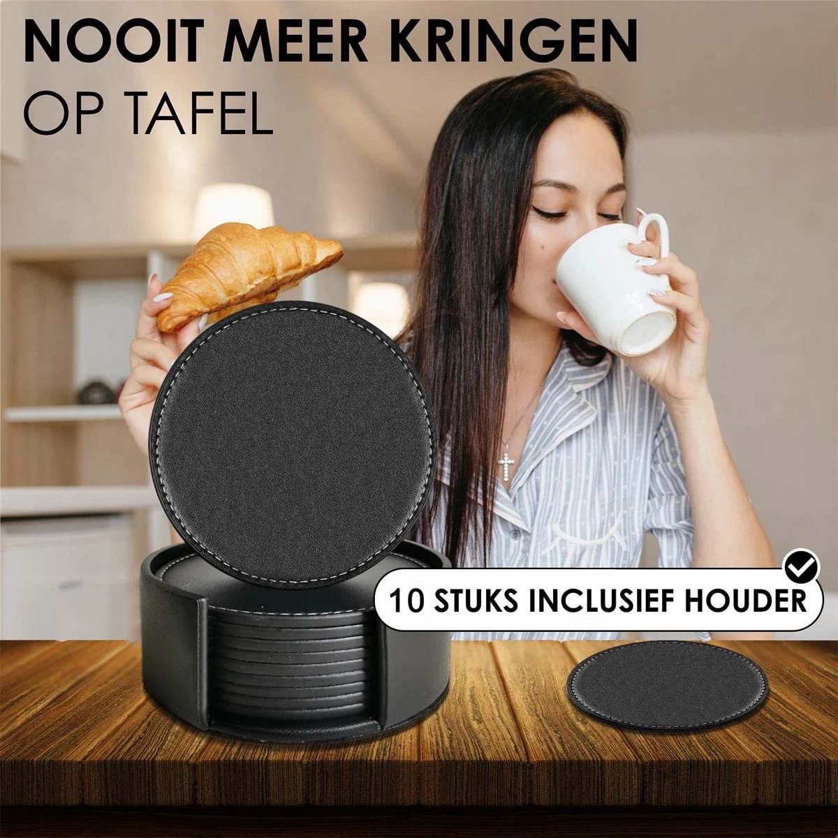 Luxe Leren Onderzetters Met Houder - 10 Stuks - Onderleggers Voor Glazen - Glasonderzetters Voor Op Tafel - Coasters - Zwart - Rond 6 Luxe Leren Onderzetters Met Houder - 10 Stuks - Onderleggers Voor Glazen - Glasonderzetters Voor Op Tafel - Coasters - Zwart - Rond - Afbeelding 4