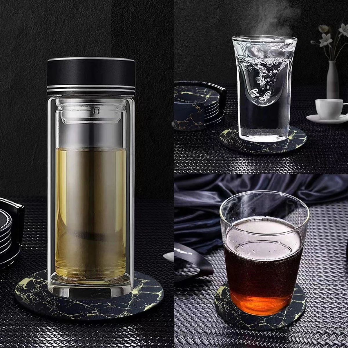 Luxe Leren Marmeren Onderzetters Met Houder - 16 Stuks - Onderleggers Voor Glazen - Glasonderzetters Voor Op Tafel - Coasters - Zwart / Goud - Rond 10 Luxe Leren Marmeren Onderzetters Met Houder - 16 Stuks - Onderleggers Voor Glazen - Glasonderzetters Voor Op Tafel - Coasters - Zwart / Goud - Rond - Afbeelding 8