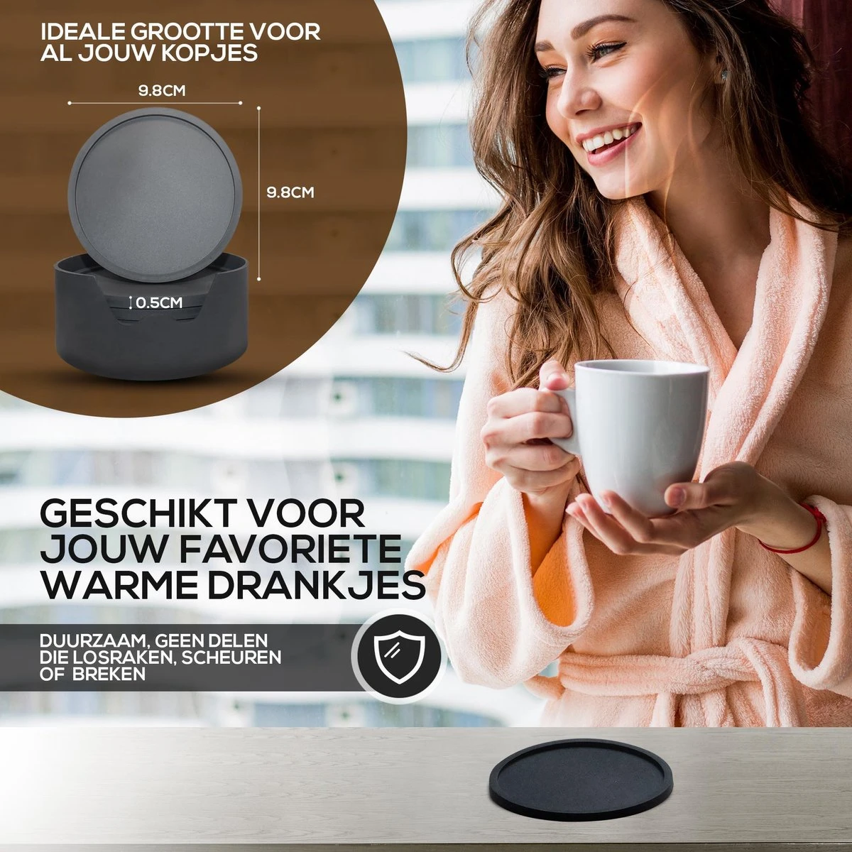 Easavida – Onderzetters Voor Glazen – 8 Stuks – Siliconen – Onderlegger – Inclusief Houder – Inclusief E-book – Zwart – Rond Design 7 Easavida – Onderzetters Voor Glazen – 8 Stuks – Siliconen – Onderlegger – Inclusief Houder – Inclusief E-book – Zwart – Rond Design - Afbeelding 5