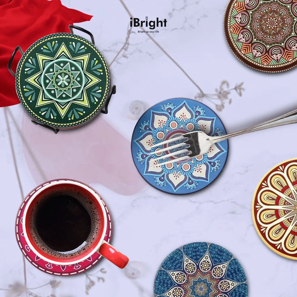IBright Onderzetters Voor Glazen - Set Van 8 Met Houder - Rond - Bohemian - Oosterse - Mandala Design - Coasters 8 IBright Onderzetters Voor Glazen - Set Van 8 Met Houder - Rond - Bohemian - Oosterse - Mandala Design - Coasters - Afbeelding 6