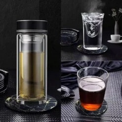 Luxe Leren Marmeren Onderzetters Met Houder - 15 Stuks - Onderleggers Voor Glazen - Glasonderzetters Voor Op Tafel - Coasters - Zwart / Goud - Rond -Bormioli Rocco winkel 1200x1200 433