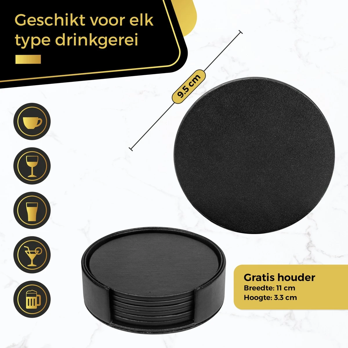 Swissl Leren Onderzetters Voor Glazen - 6 Onderleggers Met Houder - Zwarte Ronde Glasonderzetters Voor Op Tafel - Coasters - Vlak 5 Swissl Leren Onderzetters Voor Glazen - 6 Onderleggers Met Houder - Zwarte Ronde Glasonderzetters Voor Op Tafel - Coasters - Vlak - Afbeelding 3