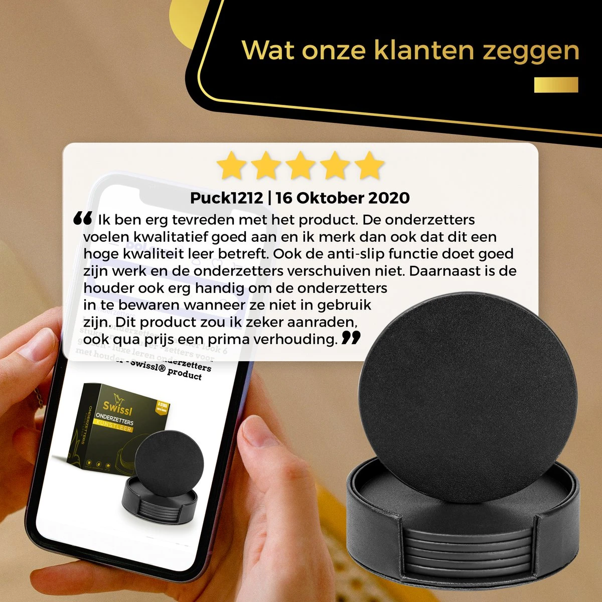 Swissl Leren Onderzetters Voor Glazen - 6 Onderleggers Met Houder - Zwarte Ronde Glasonderzetters Voor Op Tafel - Coasters - Vlak 10 Swissl Leren Onderzetters Voor Glazen - 6 Onderleggers Met Houder - Zwarte Ronde Glasonderzetters Voor Op Tafel - Coasters - Vlak - Afbeelding 8