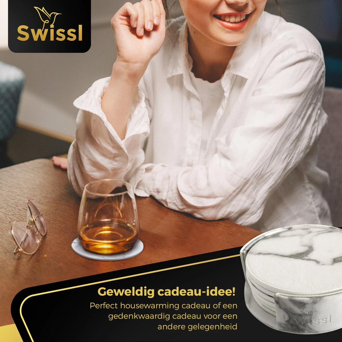 Onderzetters Voor Glazen Met Houder Swissl - Wit - Kunstleer - Marmeren Uitstraling 6 Stuks - Onderleggers 7 Onderzetters Voor Glazen Met Houder Swissl - Wit - Kunstleer - Marmeren Uitstraling 6 Stuks - Onderleggers - Afbeelding 5