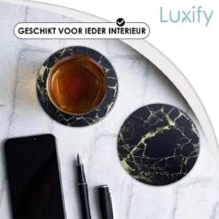 Luxe Leren Marmeren Onderzetters Met Houder - 10 Stuks - Onderleggers Voor Glazen - Glasonderzetters Voor Op Tafel - Coasters - Zwart / Goud - Rond -Bormioli Rocco winkel 1200x1200 487