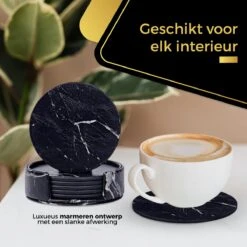 Swissl Leren Onderzetters - Marmer Onderzetters Voor Glazen - Kunstleren Onderleggers Met Houder - Glasonderzetters - Coasters – Zwart - Rond -Bormioli Rocco winkel 1200x1200 502