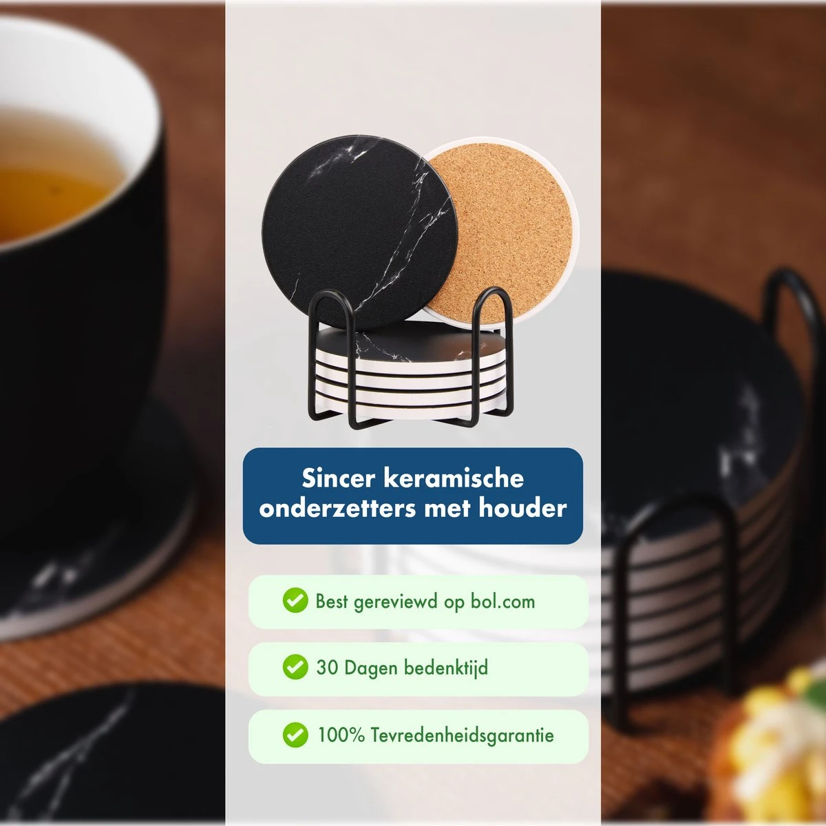 Sincer Keramische Onderzetters Voor Glazen Met Houder – Set Van 6 Zwarte Keramische/Marmeren Onderleggers –Luxe/Modern Design - Premium Kwaliteit – Kurken Antislip Onderkant – Hittebestendig – Zeer Absorberend – Rond – Duurzaam/Milieuvriendelijk 4 Sincer Keramische Onderzetters Voor Glazen Met Houder – Set Van 6 Zwarte Keramische/Marmeren Onderleggers –Luxe/Modern Design - Premium Kwaliteit – Kurken Antislip Onderkant – Hittebestendig – Zeer Absorberend – Rond – Duurzaam/Milieuvriendelijk - Afbeelding 2
