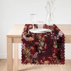De Groen Home Bedrukt Velvet Textiel Tafelloper - Bloemen Op Bordeaux - Fluweel - Runner 45x135