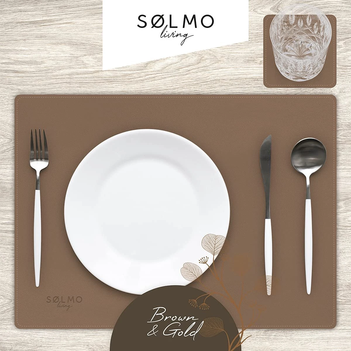 Sølmo I Designer Placemat PU Leather, Hittebestendig Twee Kleuren I 4st Placemat Wipeable With Coaster, Placemat Leather, Place Mat, Placemat Leather, Placemat Kids (Brown/Gold) 4 Sølmo I Designer Placemat PU Leather, Hittebestendig Twee Kleuren I 4st Placemat Wipeable With Coaster, Placemat Leather, Place Mat, Placemat Leather, Placemat Kids (Brown/Gold) - Afbeelding 2