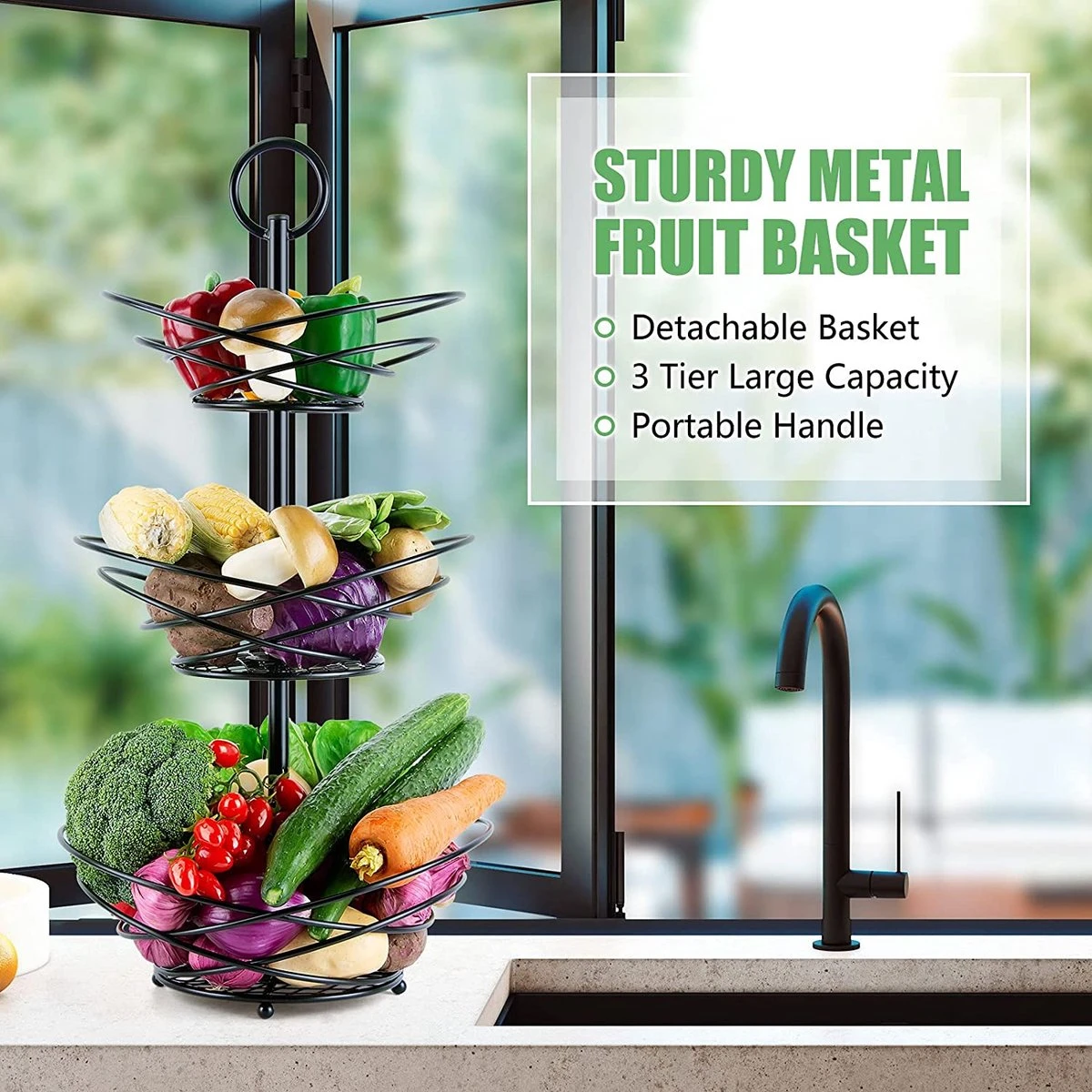 Fuegobird Fruitmand - Fruitmand Metaal - 3 Laags - Afneembaar - Zwart 5 Fuegobird Fruitmand - Fruitmand Metaal - 3 Laags - Afneembaar - Zwart - Afbeelding 3