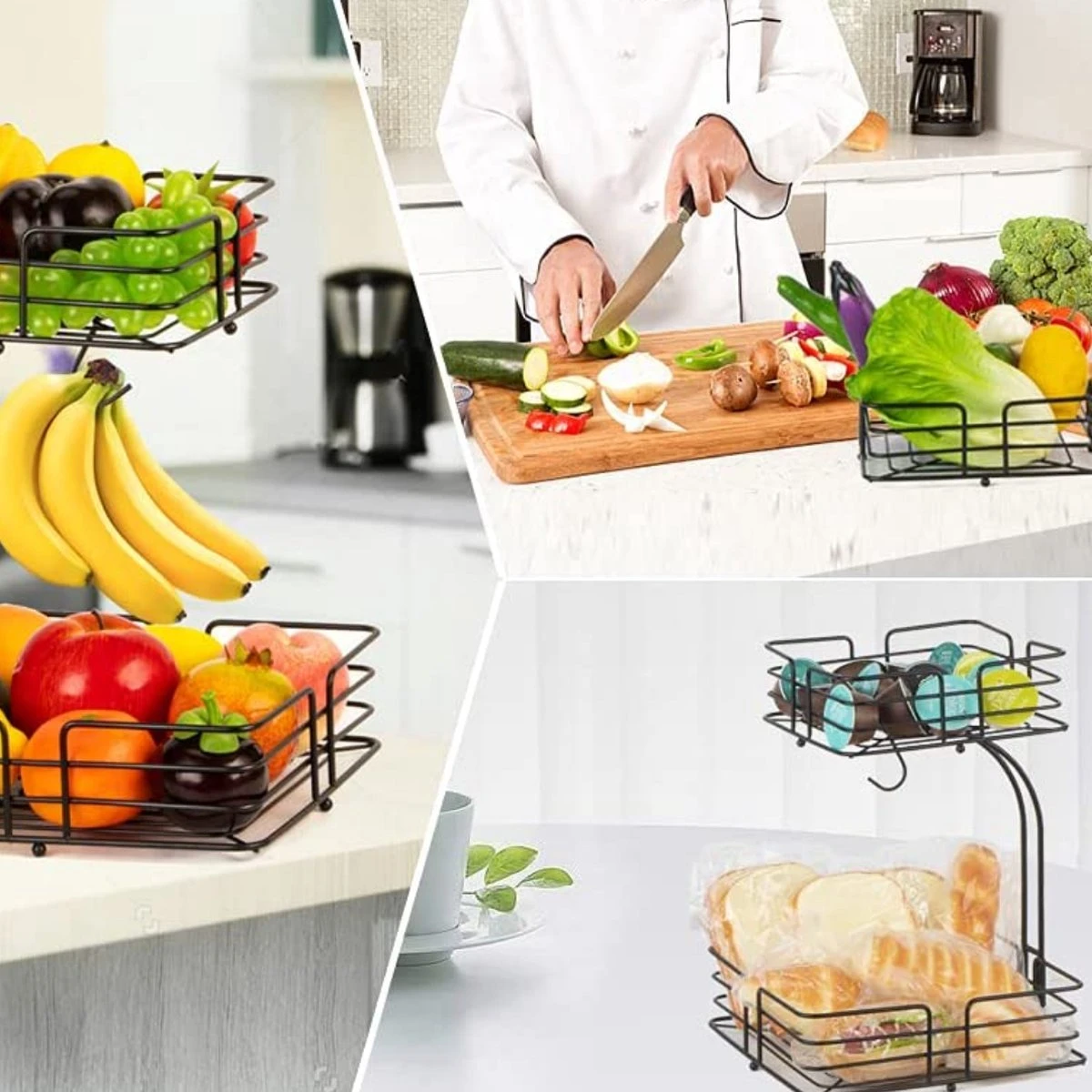 SensaHome - Fruitmand Met Bananenhouder - Vierkant 2-Laags Zwart - Fruitschaal - Etagere - Metaal - Industrial - Modern 9 SensaHome - Fruitmand Met Bananenhouder - Vierkant 2-Laags Zwart - Fruitschaal - Etagere - Metaal - Industrial - Modern - Afbeelding 7