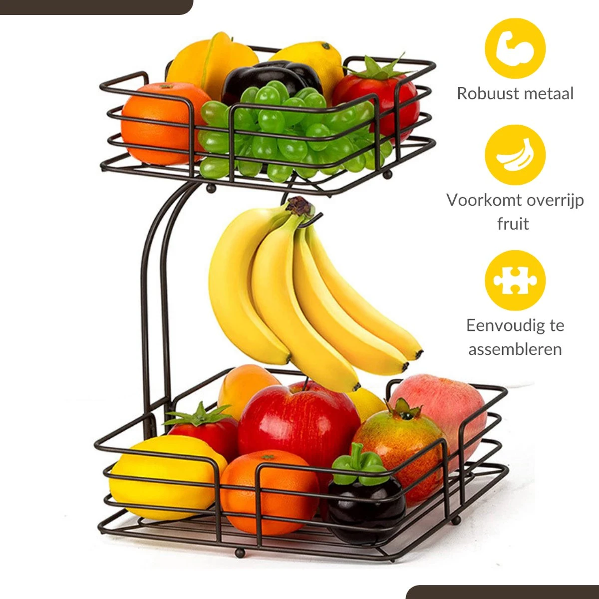 SensaHome - Fruitmand Met Bananenhouder - Vierkant 2-Laags Zwart - Fruitschaal - Etagere - Metaal - Industrial - Modern 15 SensaHome - Fruitmand Met Bananenhouder - Vierkant 2-Laags Zwart - Fruitschaal - Etagere - Metaal - Industrial - Modern - Afbeelding 13
