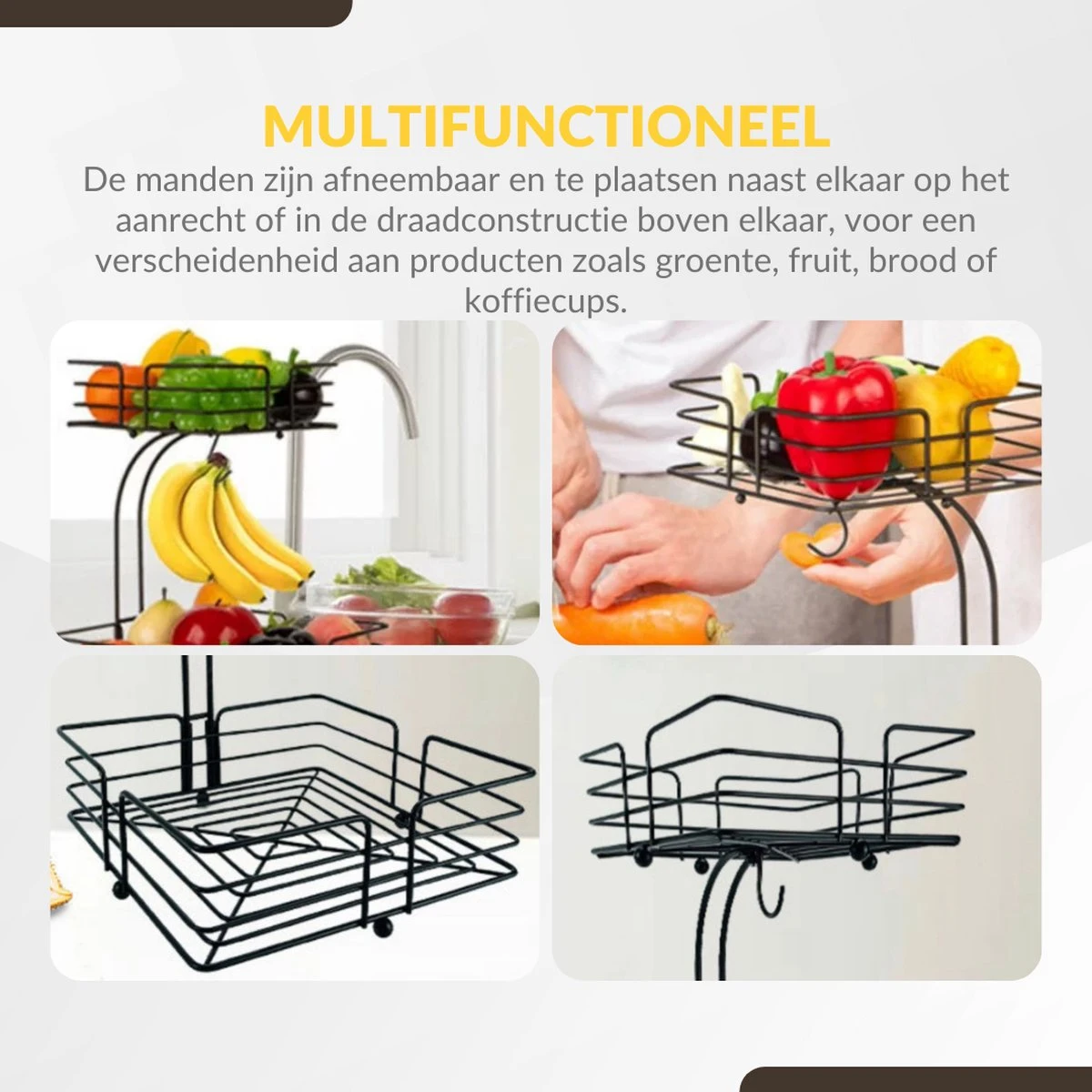 SensaHome - Fruitmand Met Bananenhouder - Vierkant 2-Laags Zwart - Fruitschaal - Etagere - Metaal - Industrial - Modern 17 SensaHome - Fruitmand Met Bananenhouder - Vierkant 2-Laags Zwart - Fruitschaal - Etagere - Metaal - Industrial - Modern - Afbeelding 15