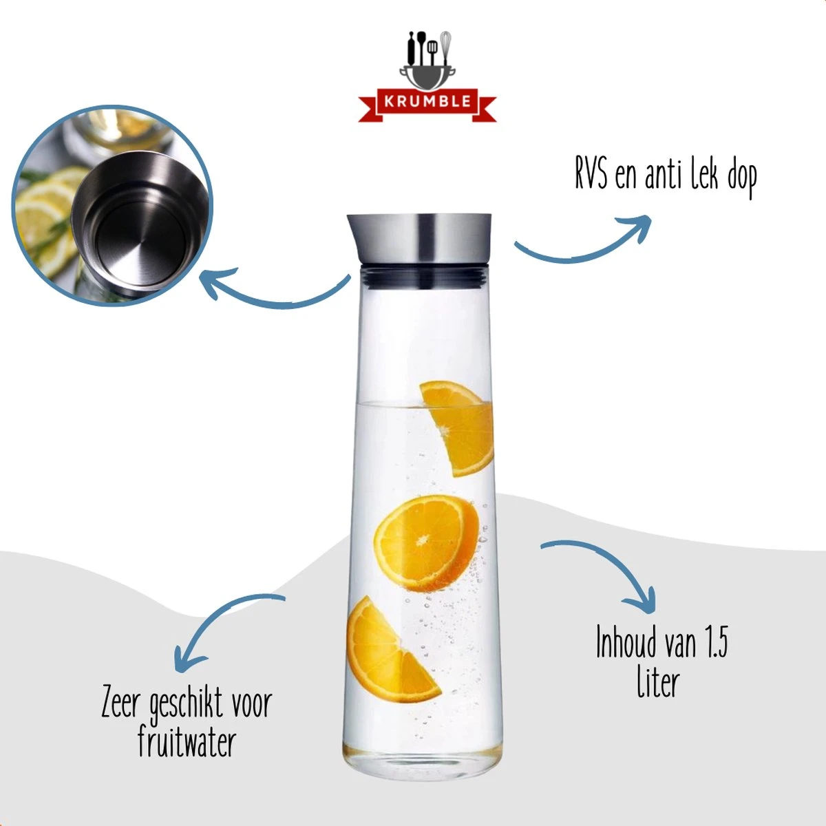 Krumble Karaf Van Glas - Waterkan - Met Deksel - 10,5 X 33 Cm (dxh) - 1,5 Liter - Glas En RVS 10 Krumble Karaf Van Glas - Waterkan - Met Deksel - 10,5 X 33 Cm (dxh) - 1,5 Liter - Glas En RVS - Afbeelding 8