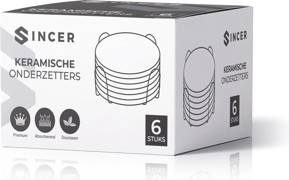 Sincer Keramische Onderzetters Voor Glazen Met Houder – Set Van 6 Witte Keramische/Marmeren Onderleggers –Luxe/Modern Design - Premium Kwaliteit – Kurken Antislip Onderkant – Hittebestendig – Zeer Absorberend – Rond – Duurzaam/Milieuvriendelijk 5 Sincer Keramische Onderzetters Voor Glazen Met Houder – Set Van 6 Witte Keramische/Marmeren Onderleggers –Luxe/Modern Design - Premium Kwaliteit – Kurken Antislip Onderkant – Hittebestendig – Zeer Absorberend – Rond – Duurzaam/Milieuvriendelijk - Afbeelding 3