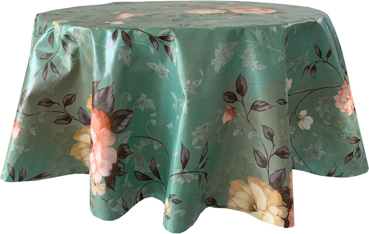 Merkloos Rond Tafelzeil - Ø 140 Cm - Roses - Mintgroen 6 Merkloos Rond Tafelzeil - Ø 140 Cm - Roses - Mintgroen - Afbeelding 4
