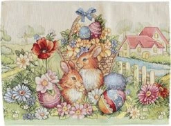 Merkloos Placemat - Luxe Gobelinstof - Pasen - Groen - Met Konijntjes En Paasmandje- 35 X 45 Cm