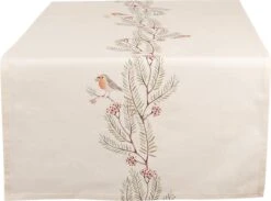 Clayre & Eef Tafelloper 50x140 Cm Beige Groen Katoen Rechthoek Vogel Tafelkleed Loper Tafeltextiel