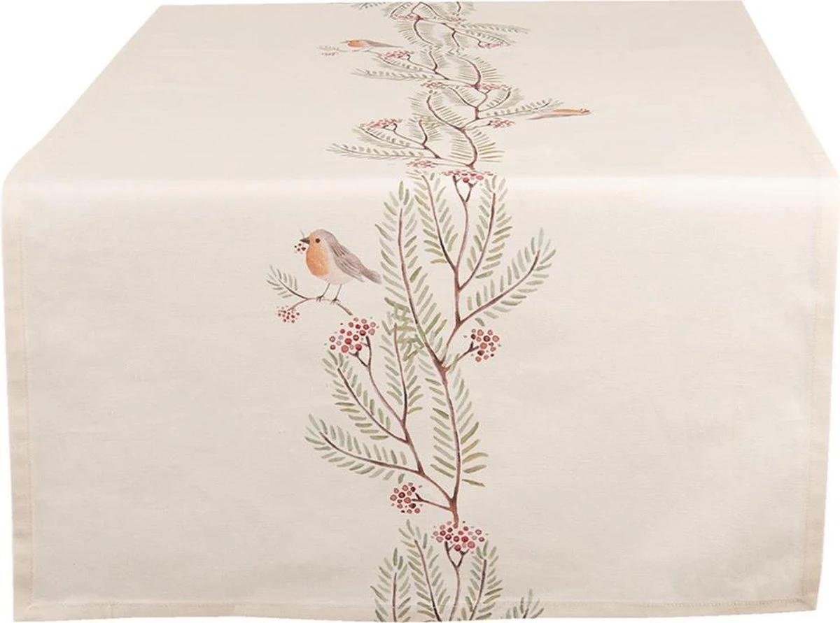 Clayre & Eef Tafelloper 50x140 Cm Beige Groen Katoen Rechthoek Vogel Tafelkleed Loper Tafeltextiel 3 Clayre & Eef Tafelloper 50x140 Cm Beige Groen Katoen Rechthoek Vogel Tafelkleed Loper Tafeltextiel